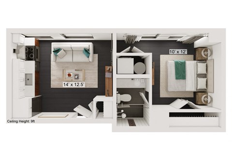 Floor plan for 1 bed, 1 bath, 452 sqft